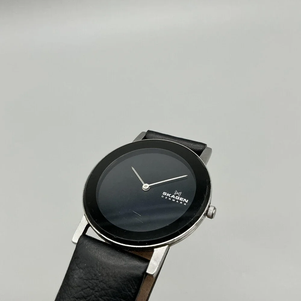 Skagen Womens Watch 33mm Black Dial Black Leather Minimalist Dress New Battery